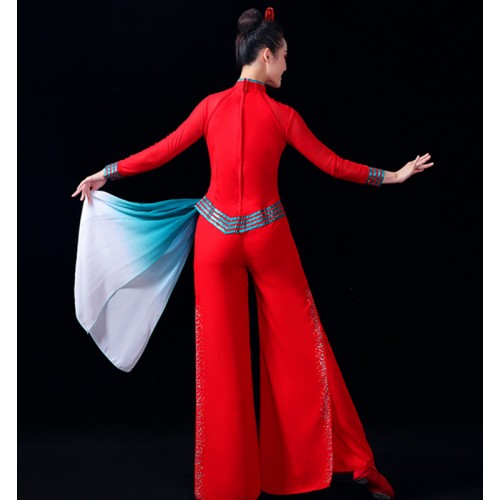 Red with blue chinese folk dance costumes ancient traditional Jiaozhou Yangge performance dress female Chinese fan umbrella dance performance clothing
